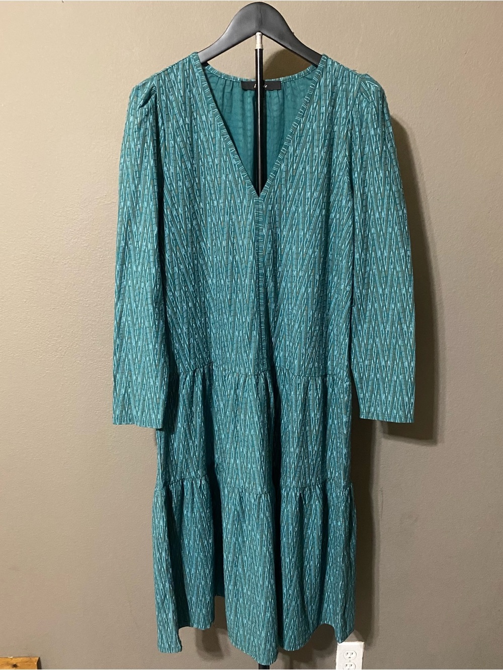 La Joie Teal Textured Tiered Midi Dress Women’s Large Long Sleeve Cottagecore